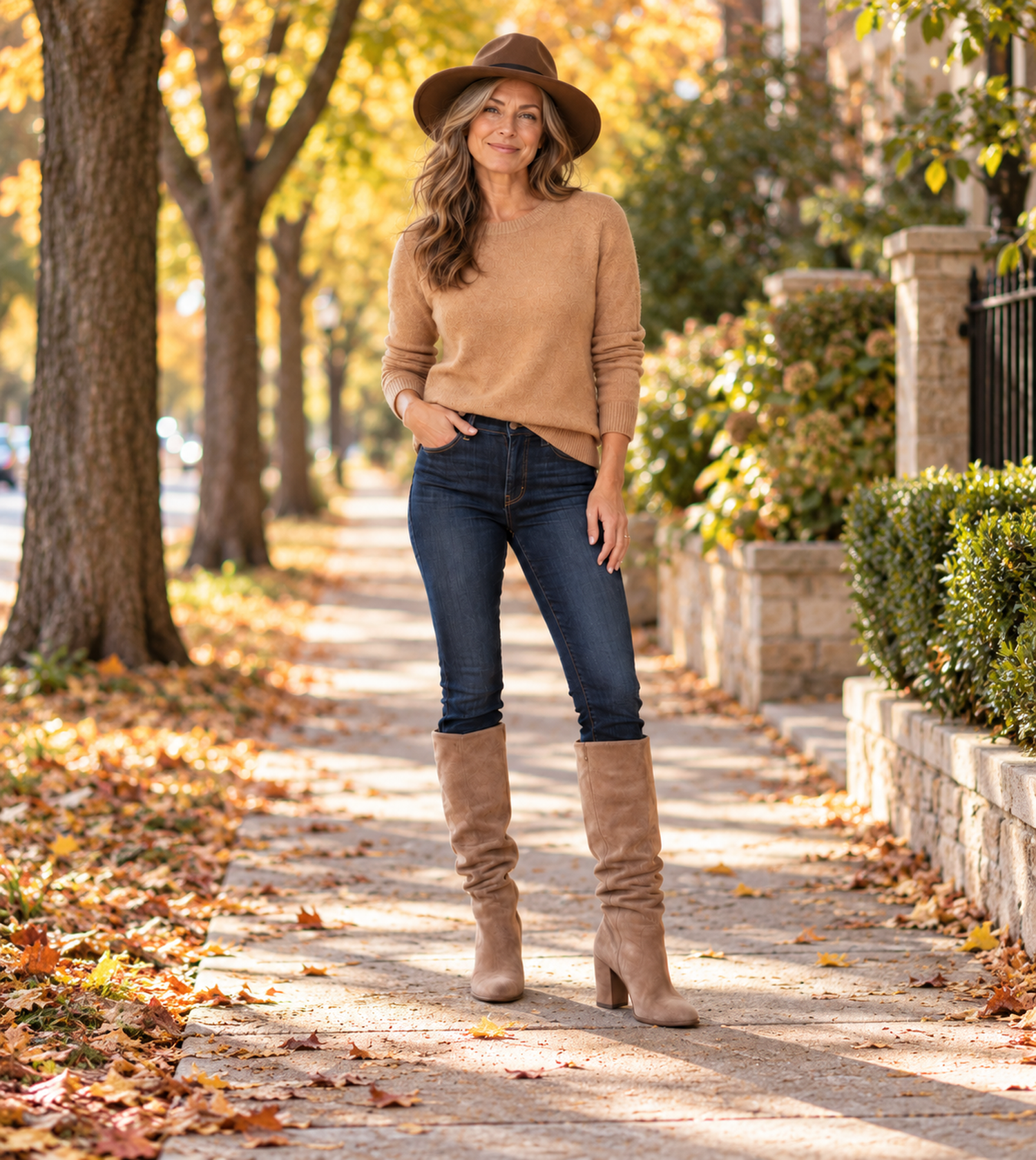 Woman in dark jeans tucked into taupe suede boots with a camel sweater and coffee hat on a tree-lined sidewalk