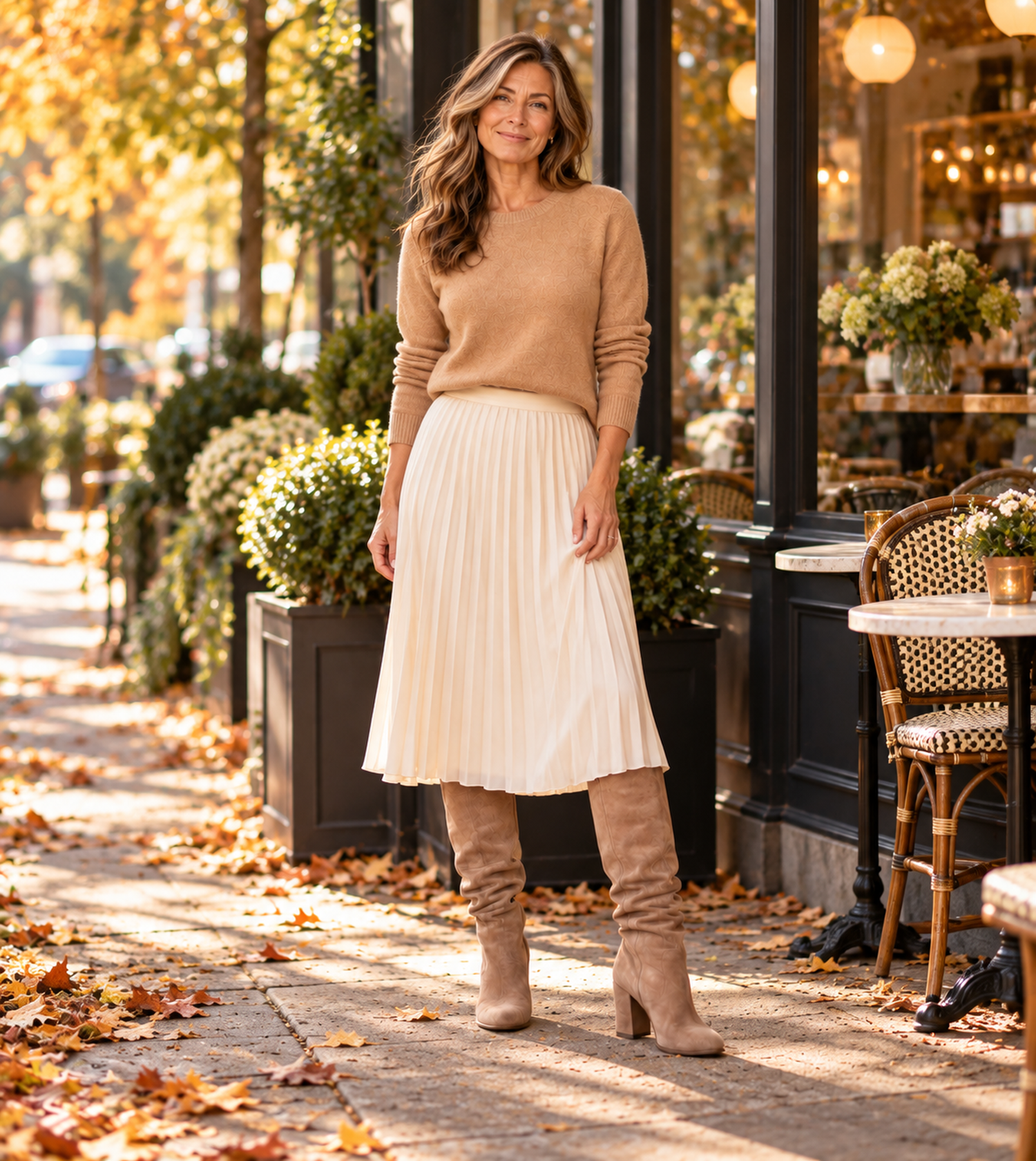 Woman in a cream pleated midi skirt, camel knit and taupe suede boots by a cafe window