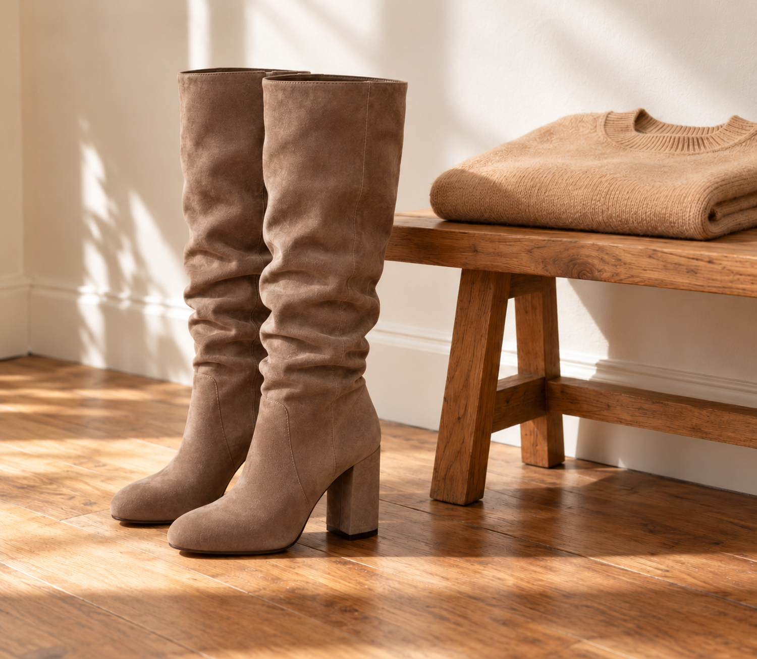 Taupe suede slouch knee-high boots on a warm wood floor beside a folded camel sweater