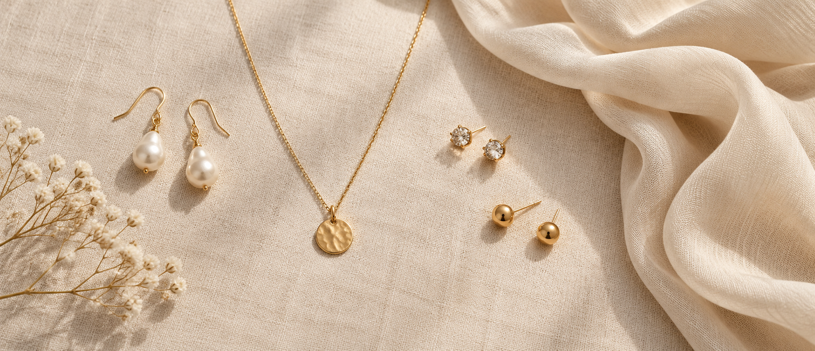 Flat lay of simple earrings and a delicate necklace on cream linen beside a folded scarf, styling illustration