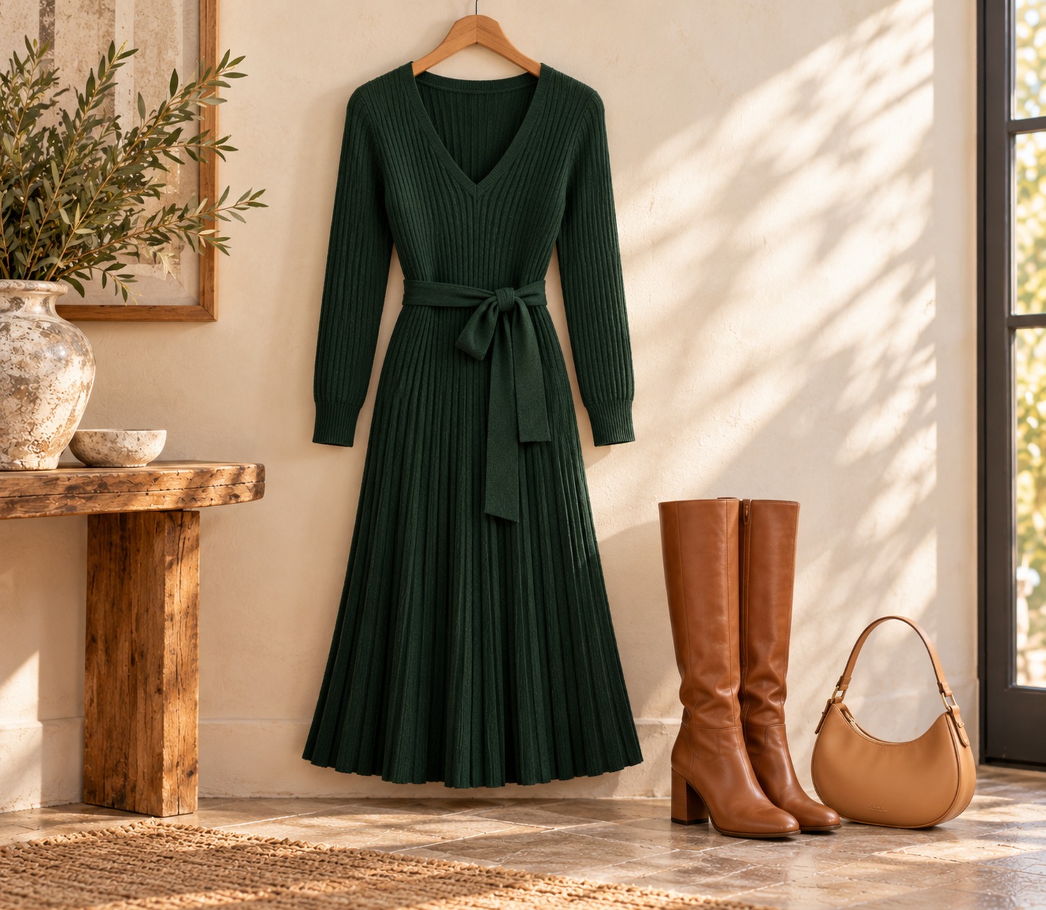 Deep green pleated midi sweater dress with a loosely tied belt, toffee brown boots and a tan bag styled together