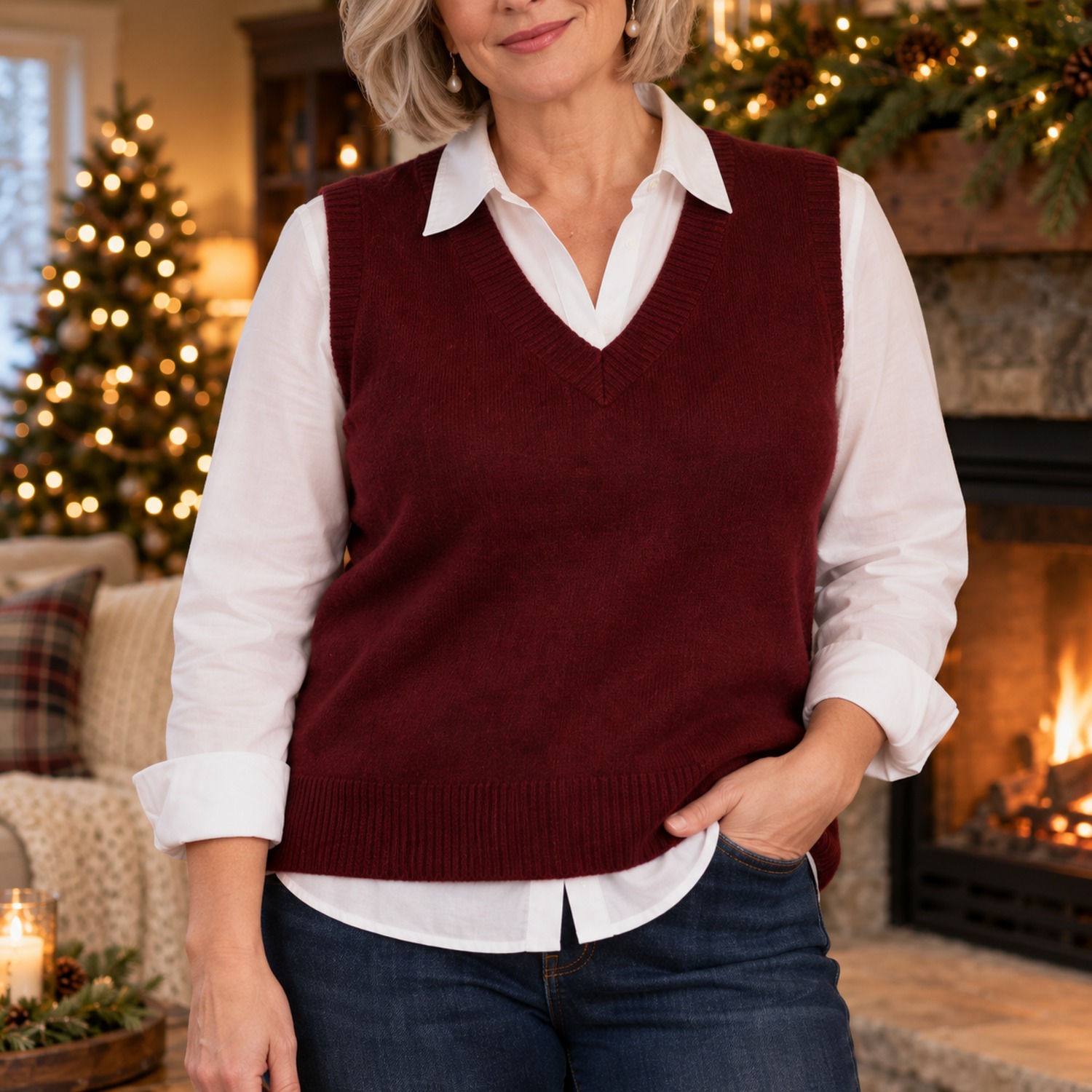 Close-up of a white shirt collar pulled flat over the V neckline of a burgundy sweater vest with the cuffs showing