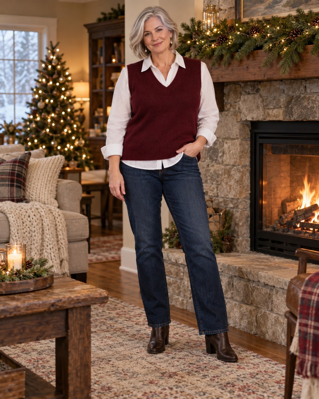 Woman in a burgundy V-neck sweater vest over a crisp white button-down shirt and dark jeans, standing by a cozy winter fireplace with an evergreen garland