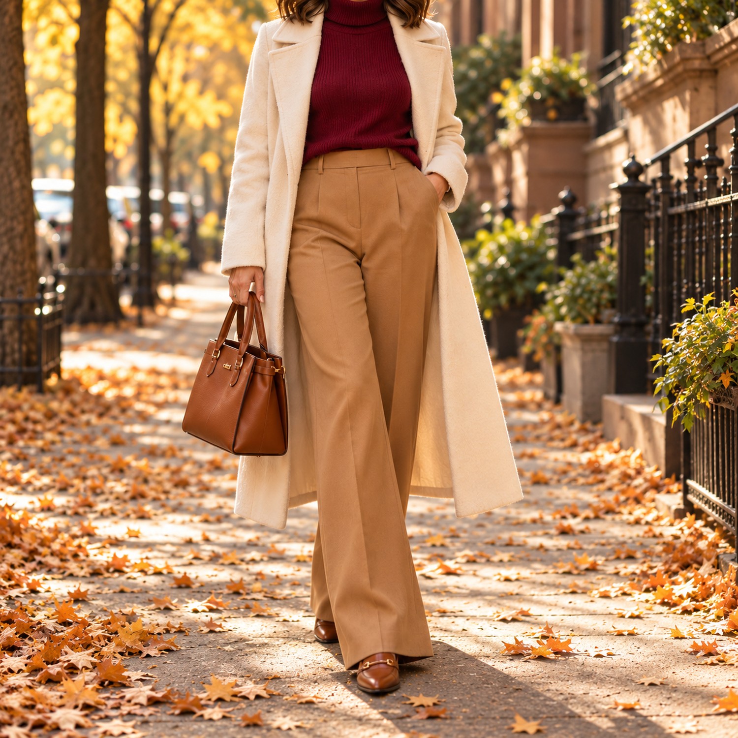 Camel wide-leg trousers with a burgundy turtleneck and cream coat