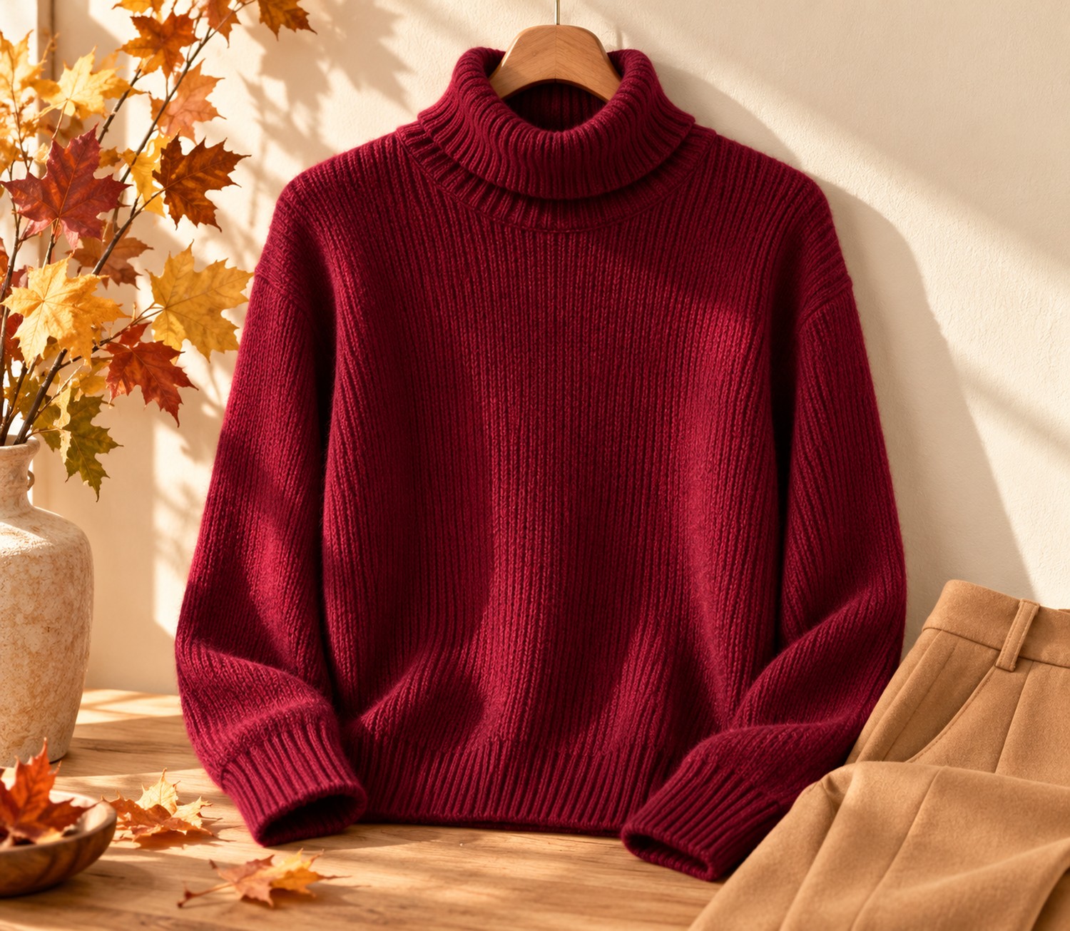 Burgundy knit turtleneck sweater hanging beside camel trousers in a fall setting