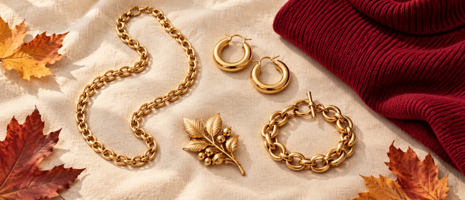 Gold chains, hoops, a bracelet and a leaf brooch laid out beside a burgundy knit
